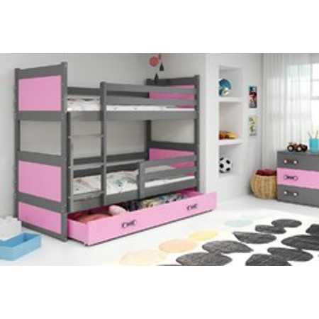 Dětská patrová postel s výsuvnou postelí RICO 200x90 cm Růžová Šedá BMS