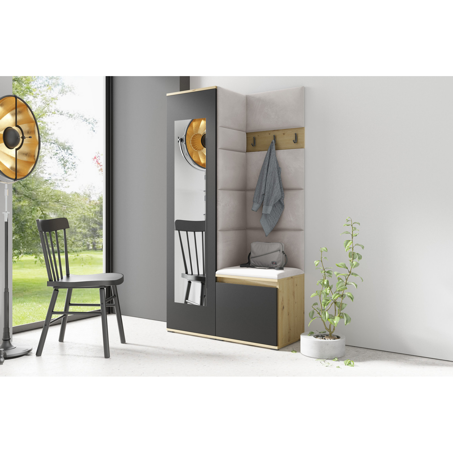 Předsíňová stěna AMI 13 Grafit Dub artisan/černá Se zrcadlem Signal-nabytek