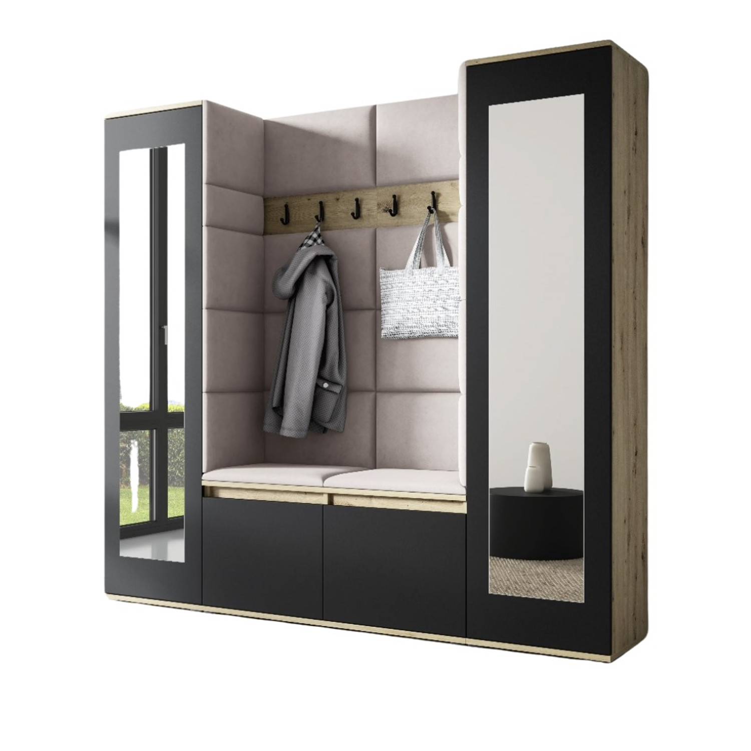 Předsíňová stěna AMI 31 Se zrcadlem Dub artisan + černá Lahvová zelená Signal-nabytek