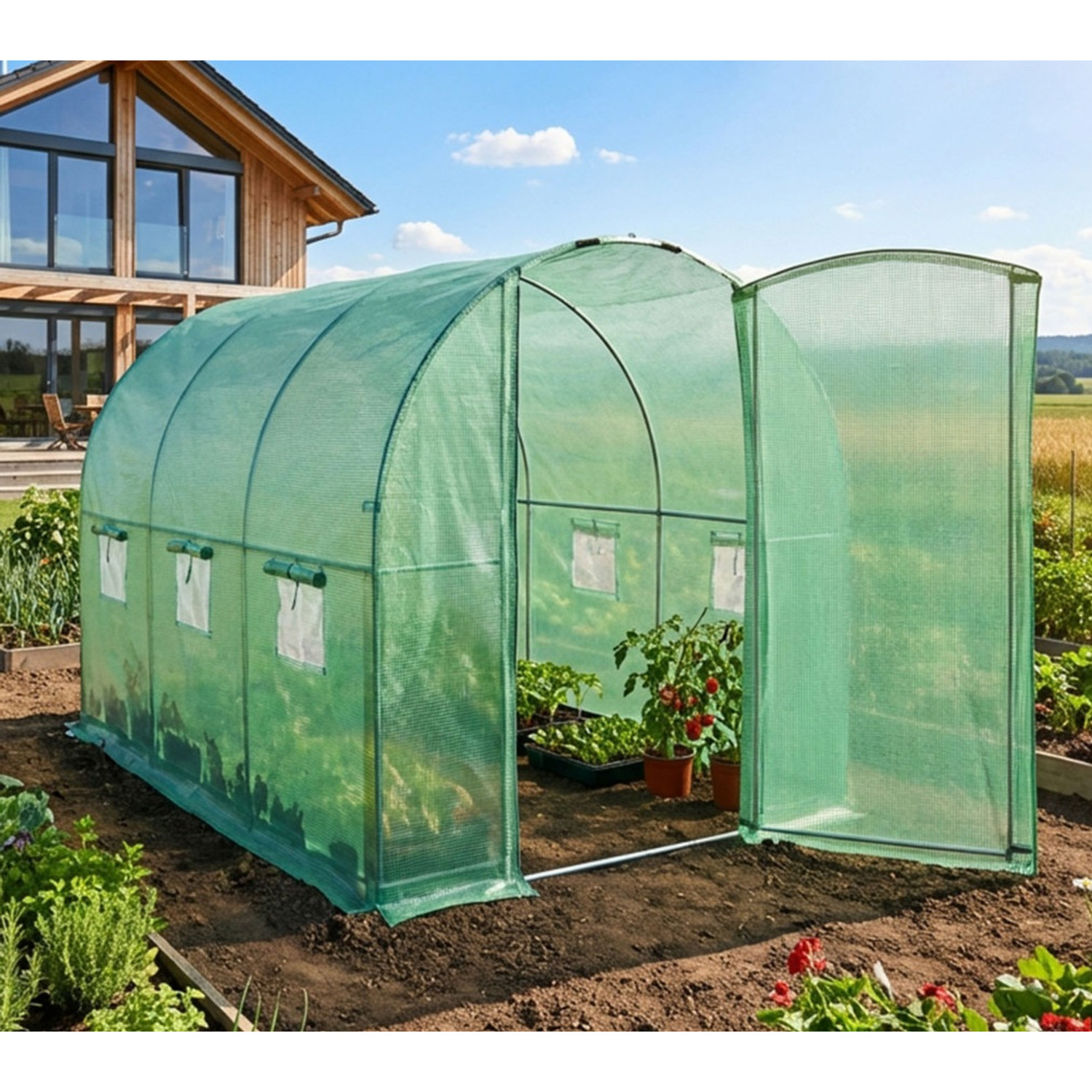 Zahradní fóliový tunel s kovovými dveřmi